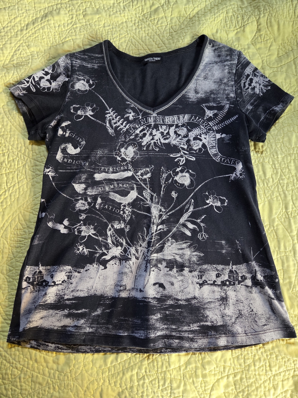 Vanilla Sugar Black Short Sleeve V-Neck Tee with White Print